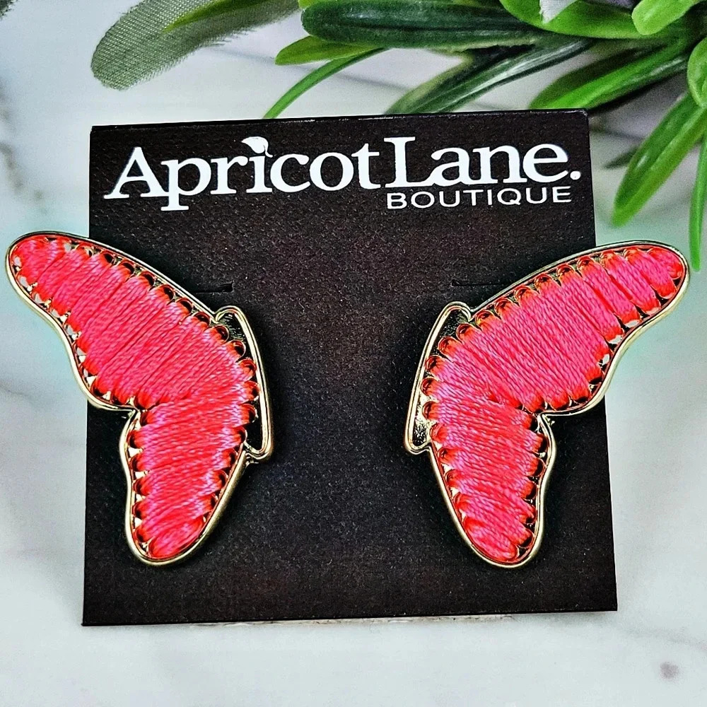 NEW Apricot Lane Earrings 2 Pair Hot Coral Butterfly Wings Clear Hoops M… - Picture 3 of 9